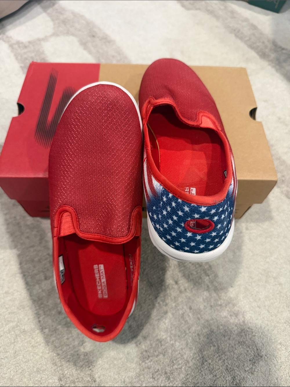 Skechers Kids Red Slip-On Sneakers with Blue Star Heel